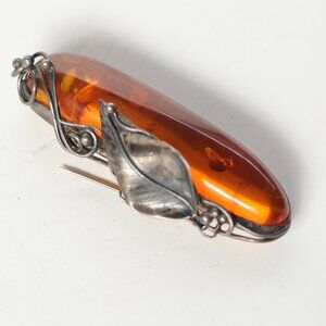 Rare Beautiful Baltic Amber Art Nouveau Sterling Silver Pin Brooch  Leaves